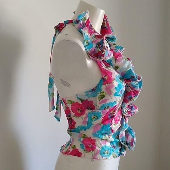 Point Halter Top Ruffle Blue Pink Floral Womens Sm - Picture 4 of 7